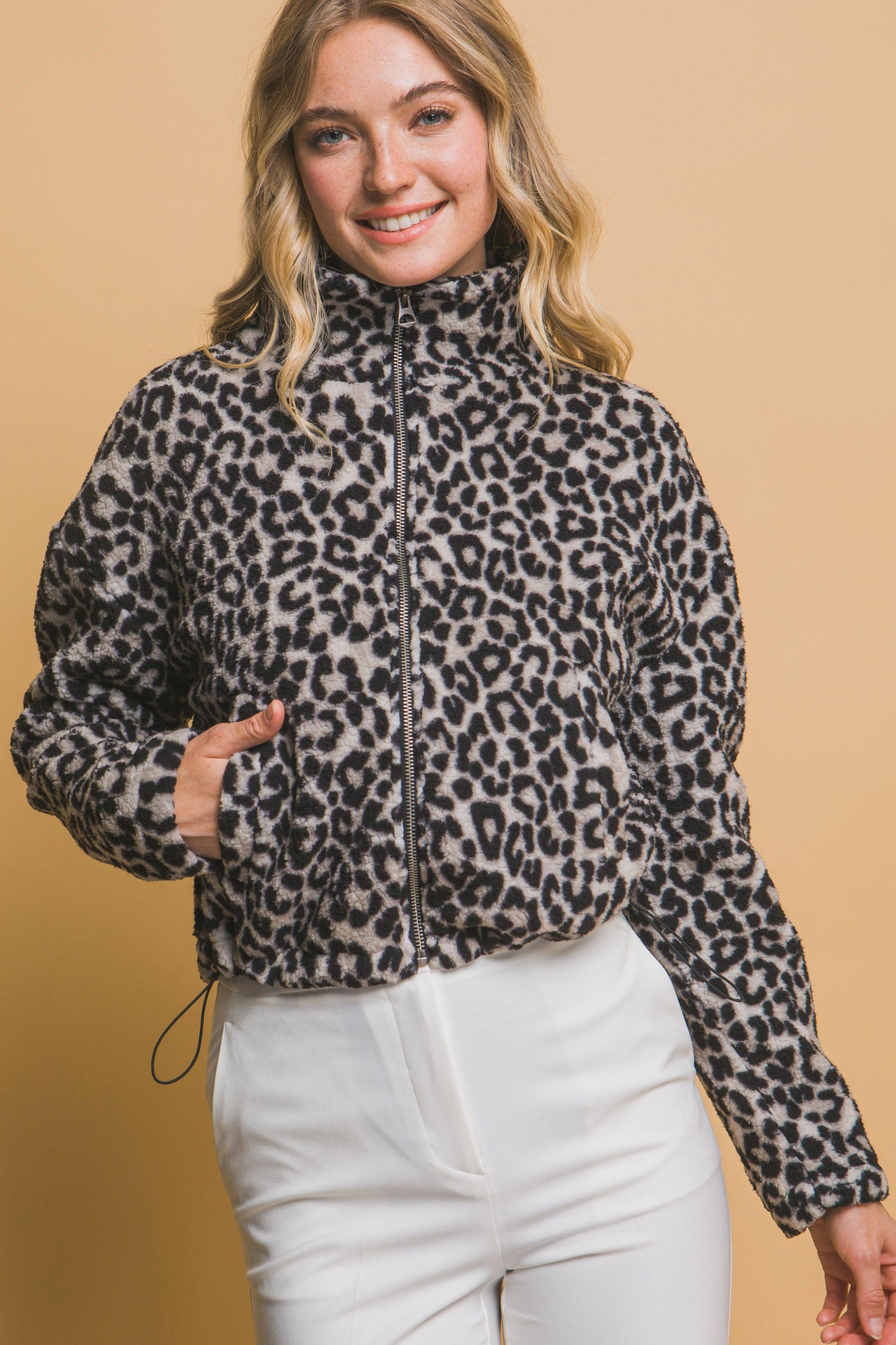 Mock-Neck Animal Print Teddy Jacket