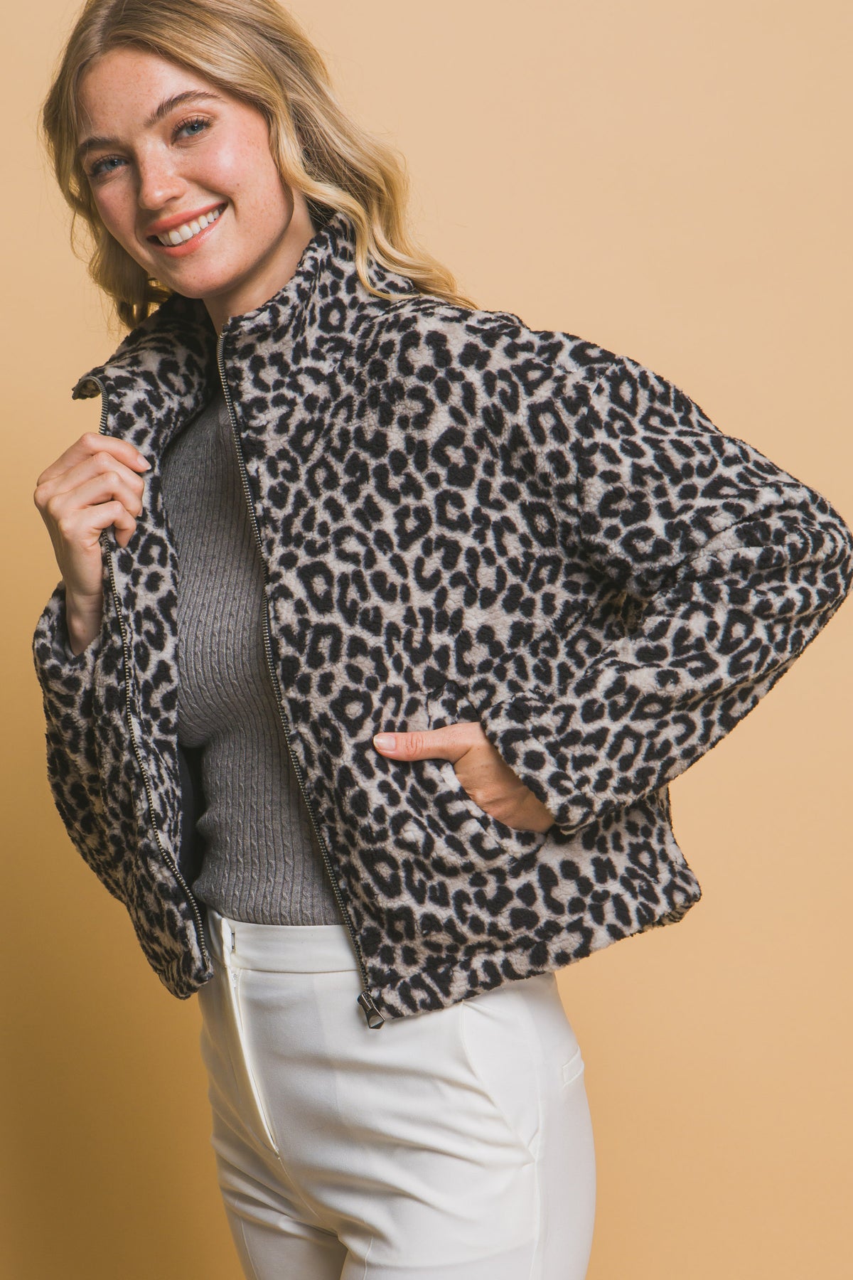 Mock-Neck Animal Print Teddy Jacket